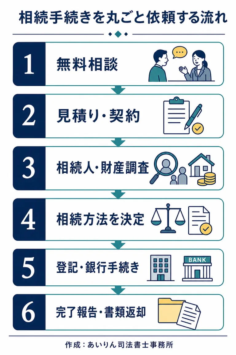 相続手続きを丸ごと代行へ依頼してから完了するまでの6段階フロー