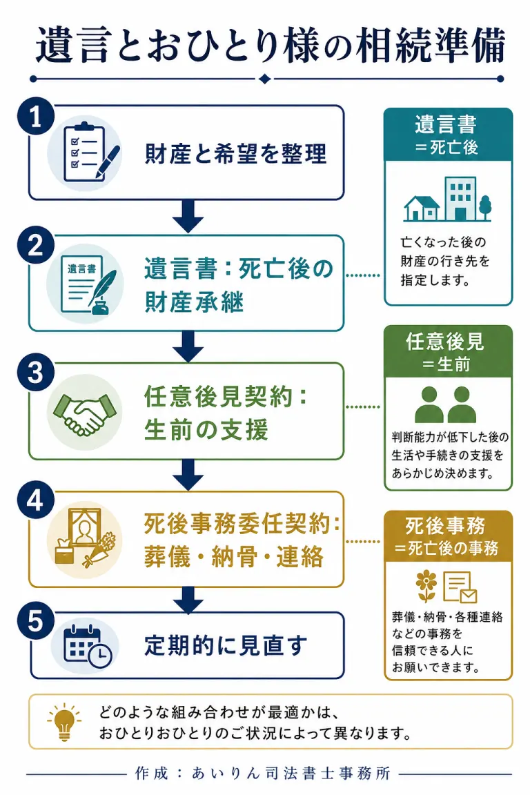 遺言・任意後見・死後事務を整理するおひとり様の相続準備フロー