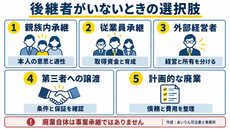 後継者がいない場合の親族内承継、従業員承継、外部経営者、第三者への譲渡、計画的な廃業の五つの選択肢