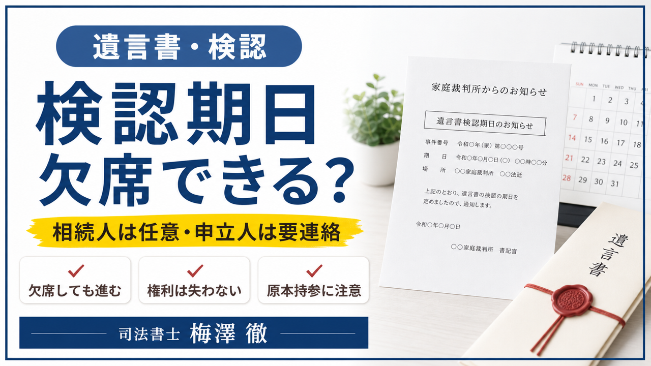 遺言書の検認期日を欠席できるか、相続人と申立人の違いを示すアイキャッチ