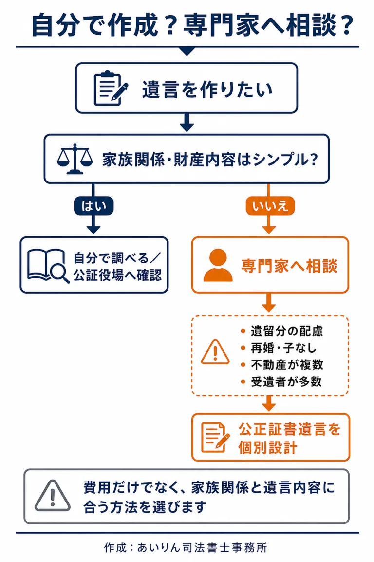 公正証書遺言を自分で作成するか専門家へ相談するかの判断フロー