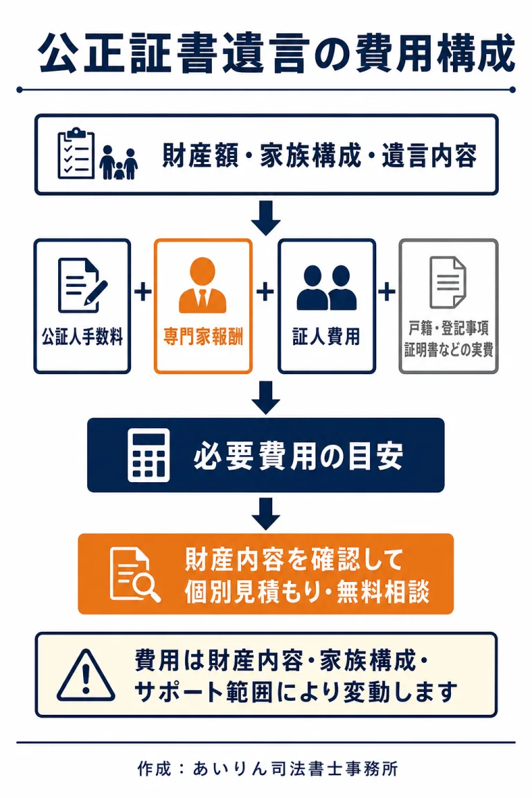 公正証書遺言の費用構成。公証人手数料、専門家報酬、証人費用、戸籍や登記事項証明書などの実費